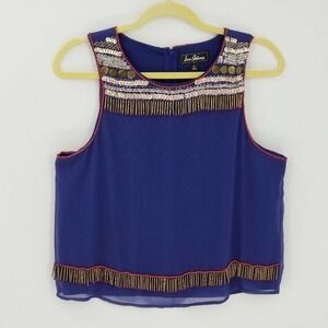 Sam Edelman Bohemian Rhapsody Beaded Sequins Zip Back Tank Top Blue Size Medium